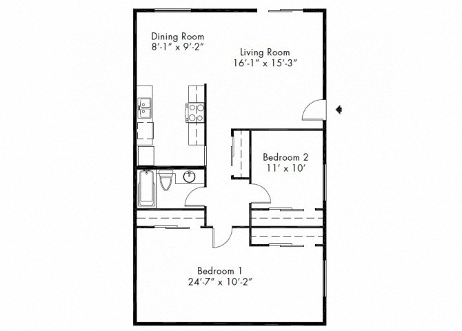 Floor plan for 2 beds, 1 bath, 936 sqft