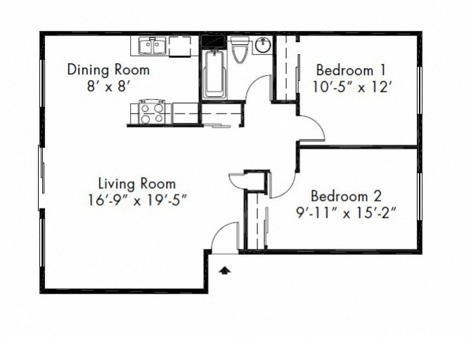 Floor plan for 2 beds, 1 bath, 815 sqft