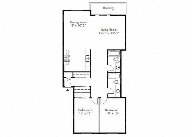 Floor plan for 2 beds, 2 baths, 1052 sqft