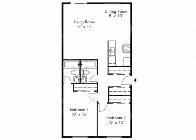 Floor plan for 2 beds, 2 baths, 961 sqft