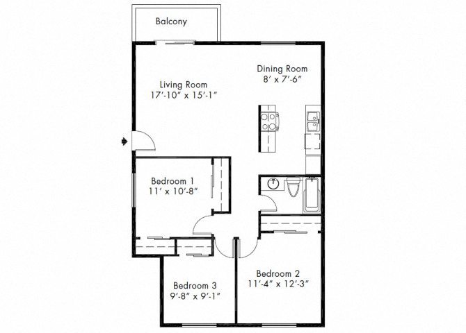 Floor plan for 3 beds, 1 bath, 936 sqft