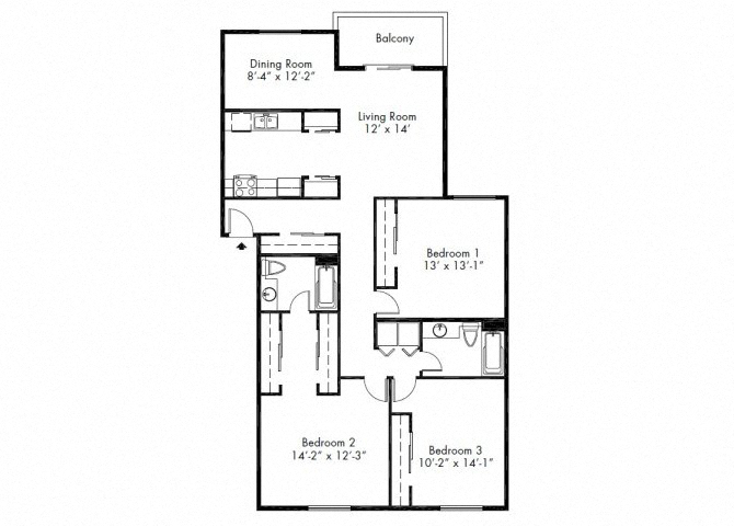 Floor plan for 3 beds, 2 baths, 1127 sqft
