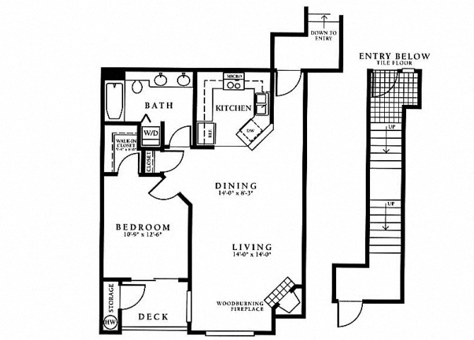 Floor plan for 1 bed, 1 bath, 932 sqft