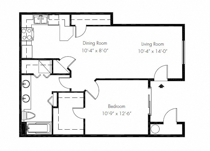 Floor plan for 1 bed, 1 bath, 722 sqft