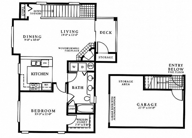 Floor plan for 1 bed, 1 bath, 838 sqft
