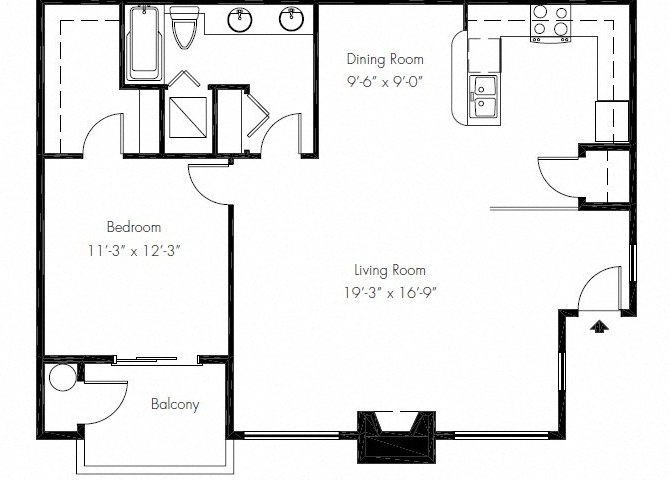 Floor plan for 1 bed, 1 bath, 872 sqft