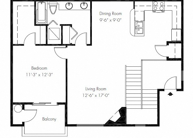 Floor plan for 1 bed, 1 bath, 874 sqft