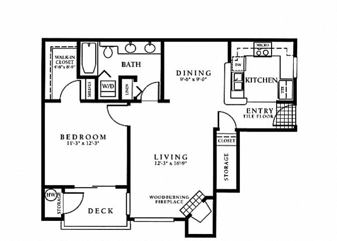 Floor plan for 1 bed, 1 bath, 779 sqft
