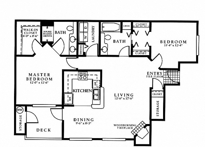 Floor plan for 2 beds, 2 baths, 1141 sqft