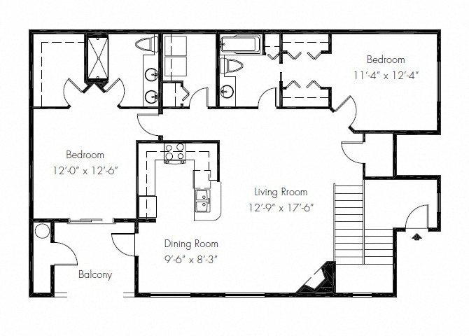 Floor plan for 2 beds, 2 baths, 1236 sqft
