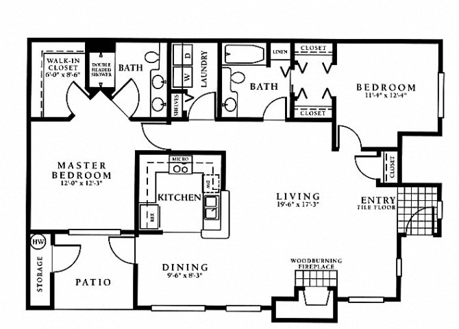 Floor plan for 2 beds, 2 baths, 1236 sqft