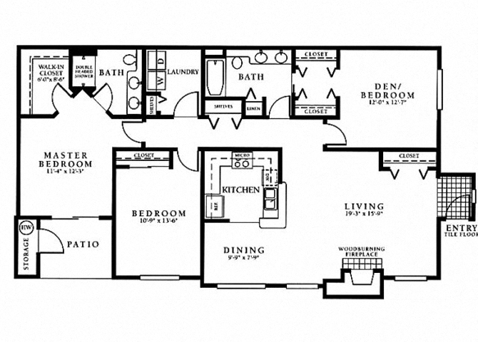 Floor plan for 3 beds, 2 baths, 1510 sqft
