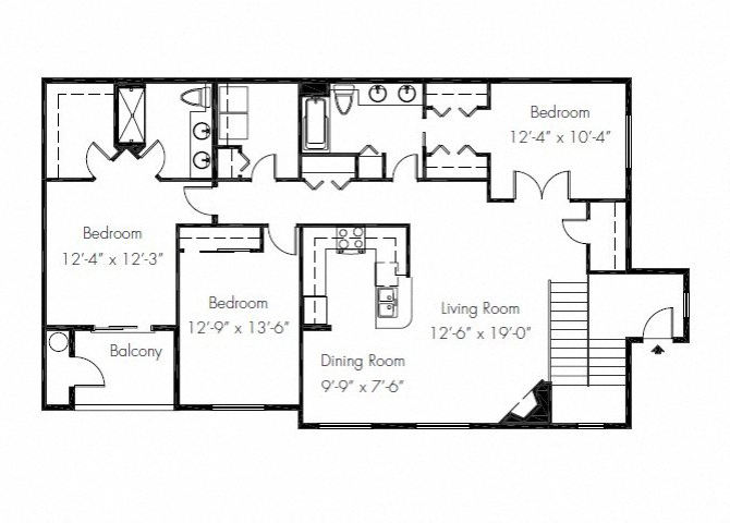 Floor plan for 3 beds, 2 baths, 1510 sqft