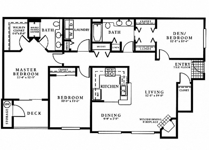 Floor plan for 3 beds, 2 baths, 1417 sqft