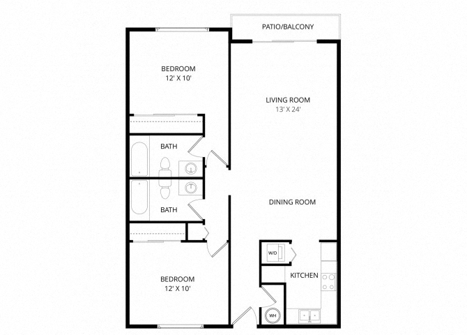 Floor plan for 2 beds, 2 baths, 970 sqft