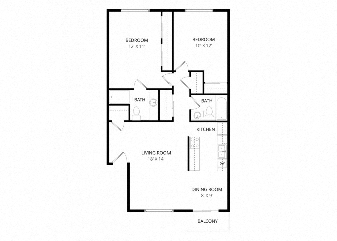 Floor plan for 2 beds, 2 baths, 1000 sqft