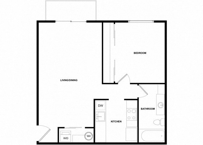Floor plan for 1 bed, 1 bath, 600 sqft
