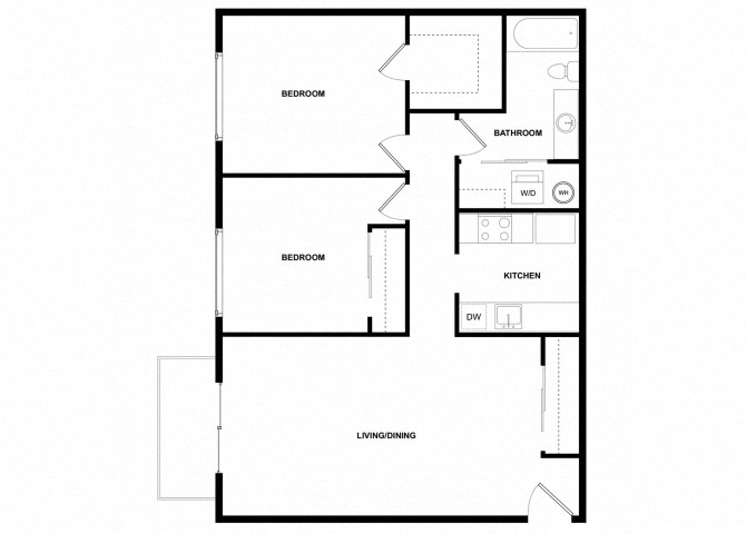 Floor plan for 2 beds, 1 bath, 875 sqft