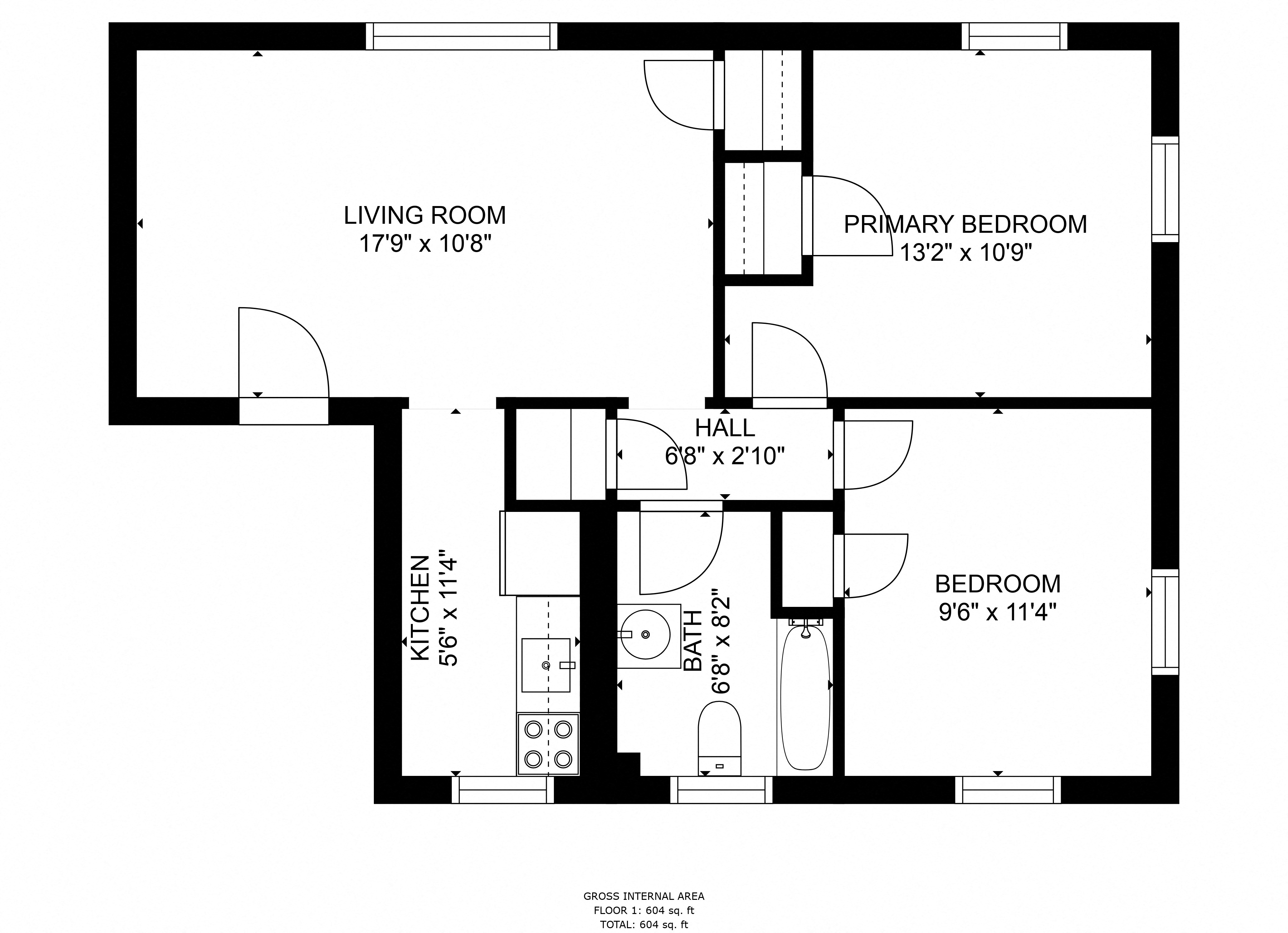 Floor plan for 2 beds, 1 bath, 850 sqft
