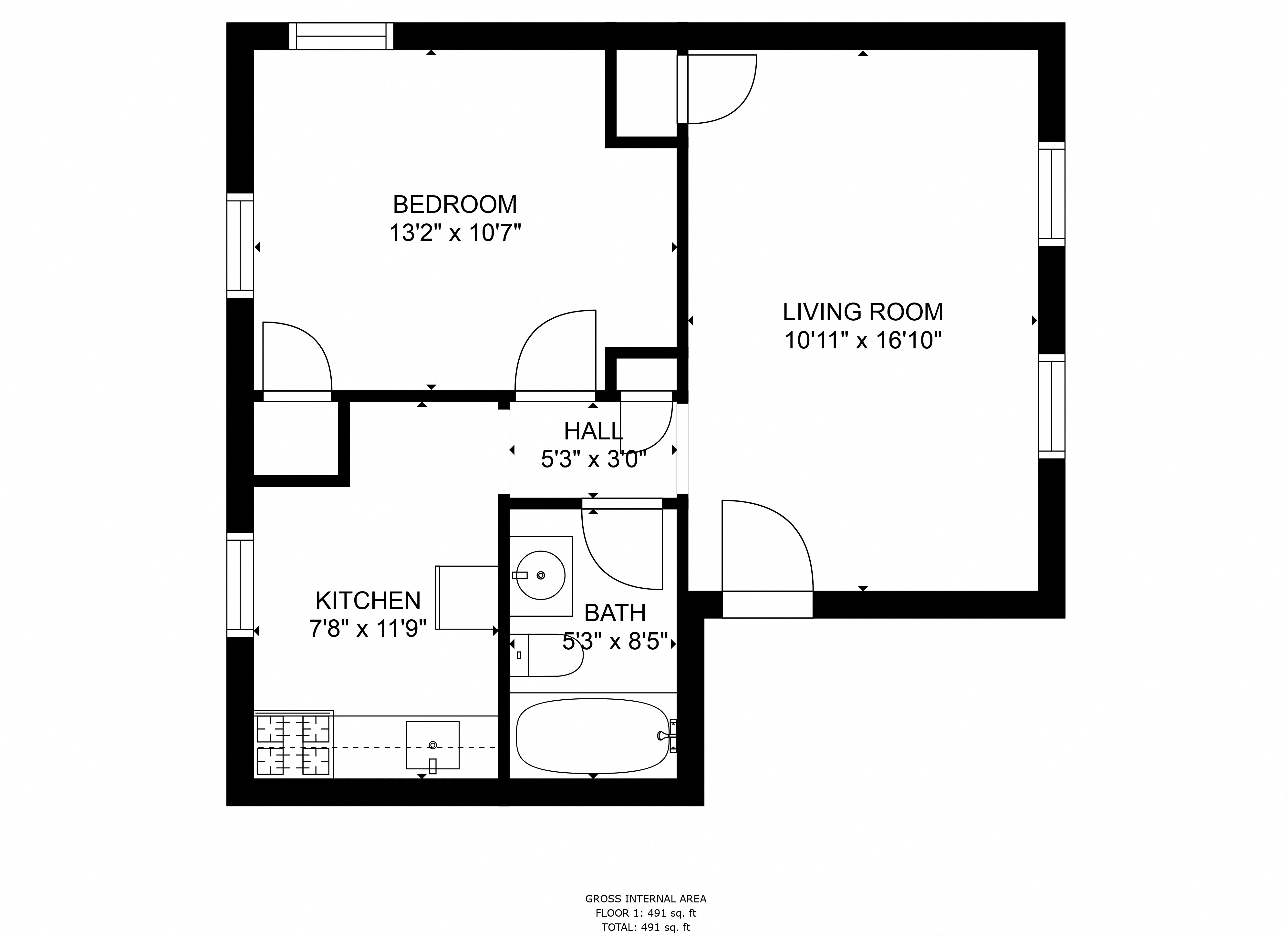 Floor plan for 1 bed, 1 bath, 725 sqft