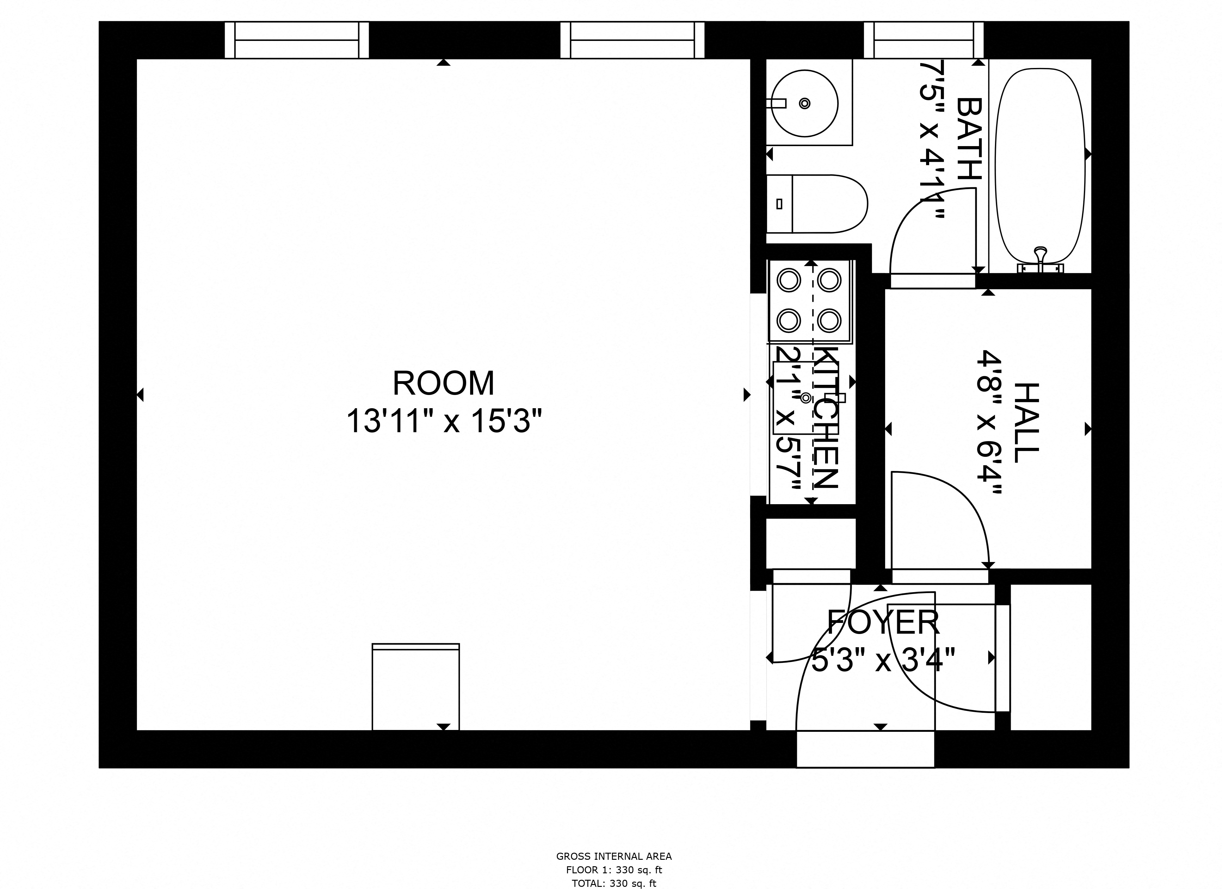 Floor plan for studio, 1 bath, 625 sqft