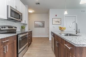 Ardmore apartment for rent - Modern galley kitchen with marbled countertops, stainless steel appliances, and hardwood flooring