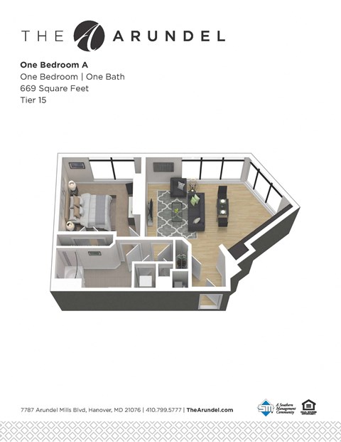 Floor plan for 1 bed, 1 bath, 755 sqft