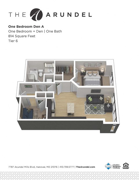 Floor plan for 1 bed, 1 bath, 814 sqft