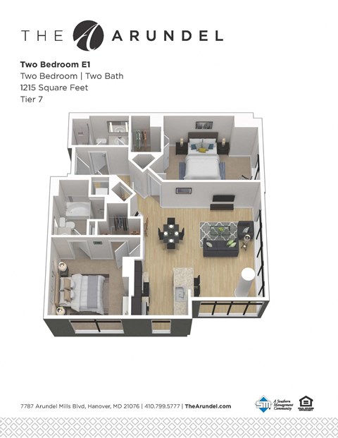 Floor plan for 2 beds, 2 baths, 1215 sqft