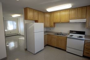 Falcon Heights apartment for rent - A kitchen with a white refrigerator, white stove, and wooden cabinets.