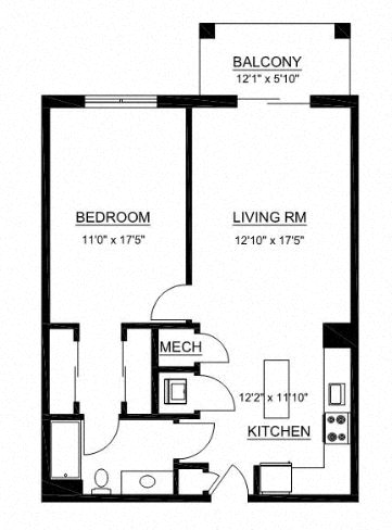 Floor plan for 1 bed, 1 bath, 904 sqft