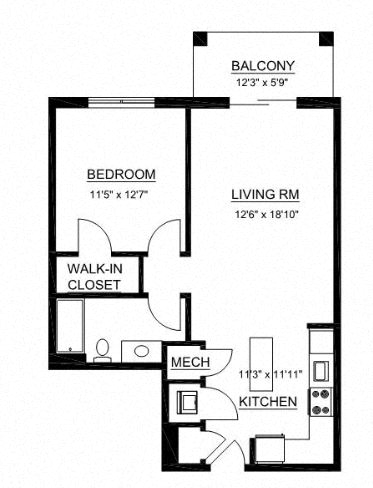 Floor plan for 1 bed, 1 bath, 786 sqft