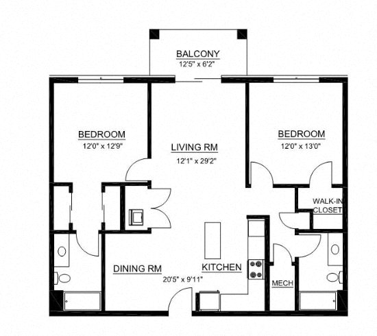 Floor plan for 2 beds, 2 baths, 1241 sqft