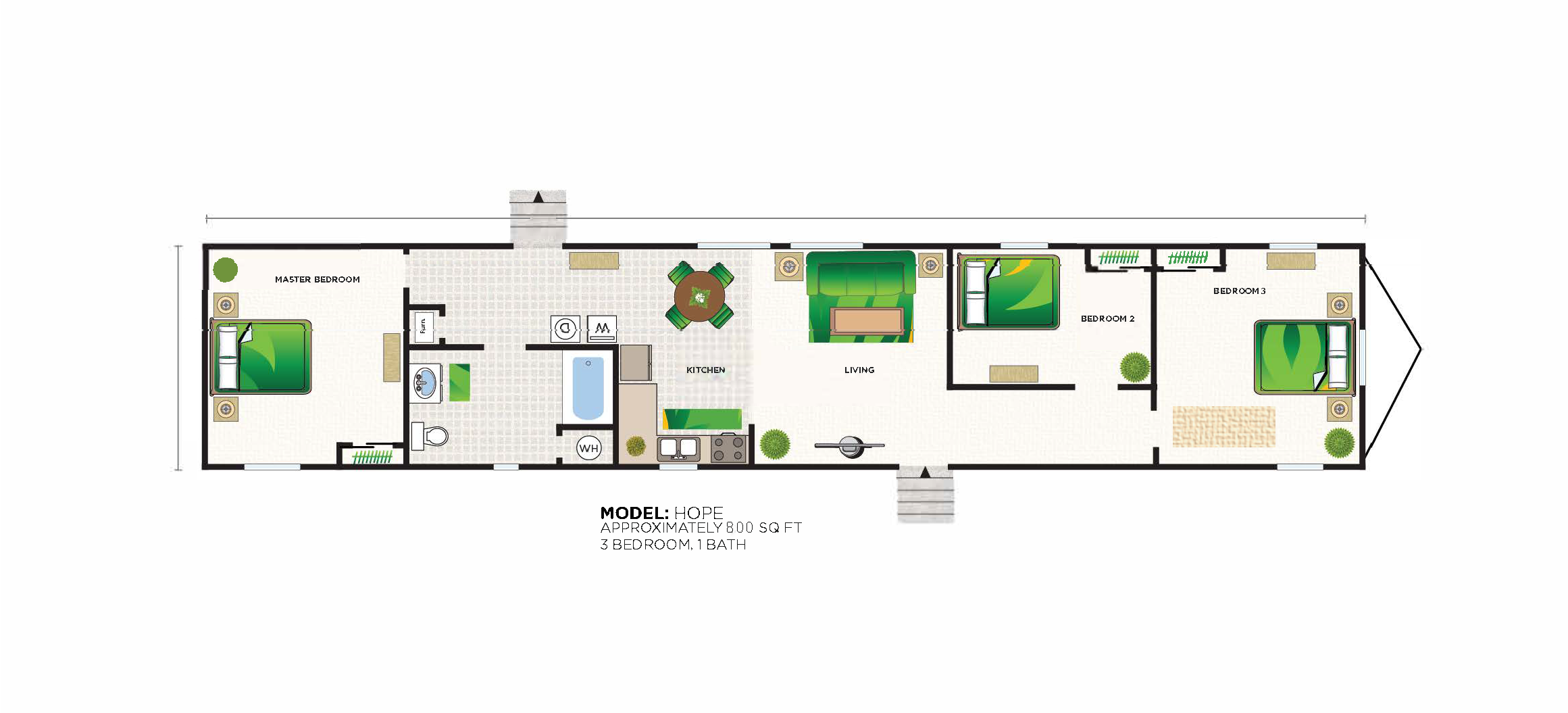 Floor plan for 3 beds, 1 bath, 896 sqft