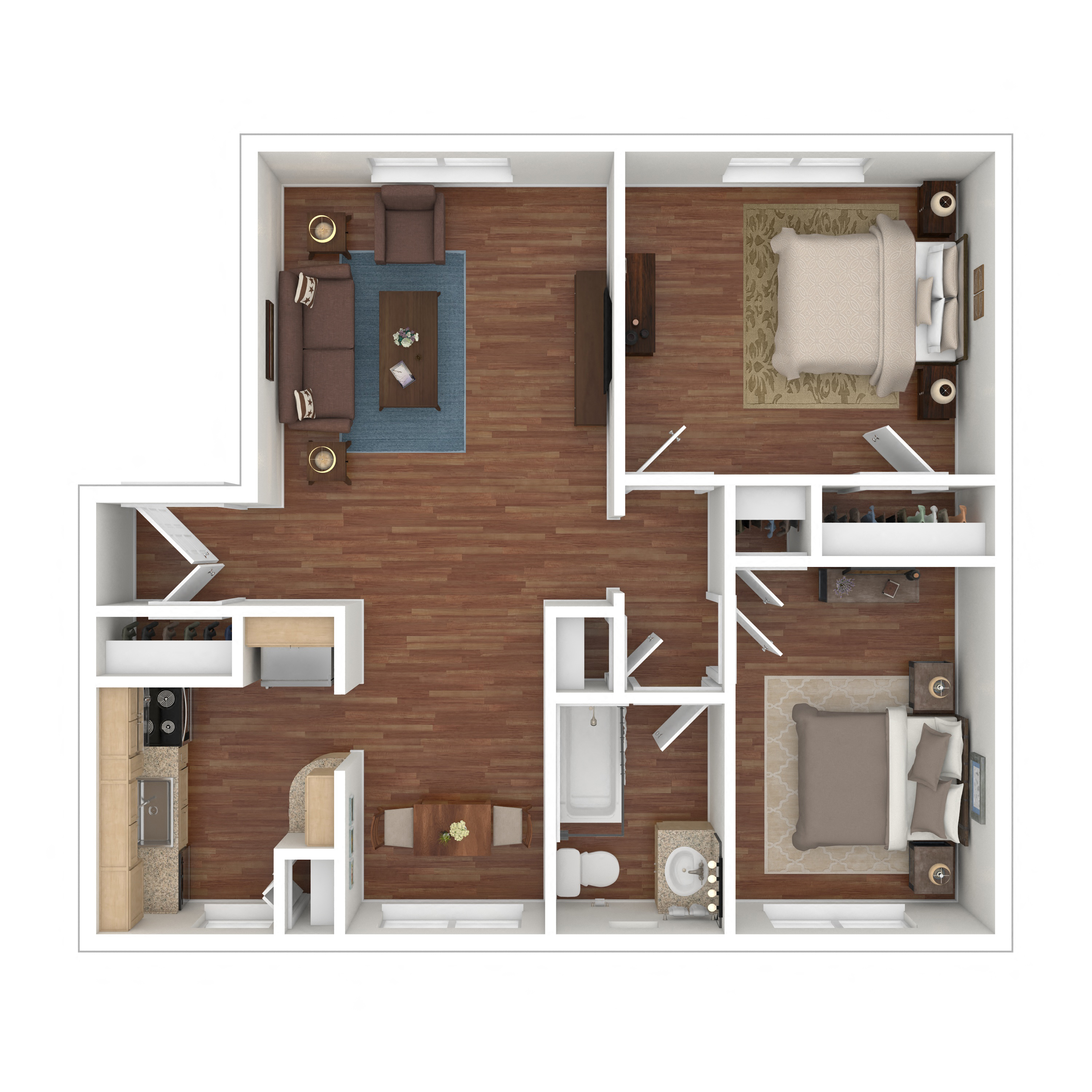 Floor plan for 2 beds, 1 bath, 702 sqft