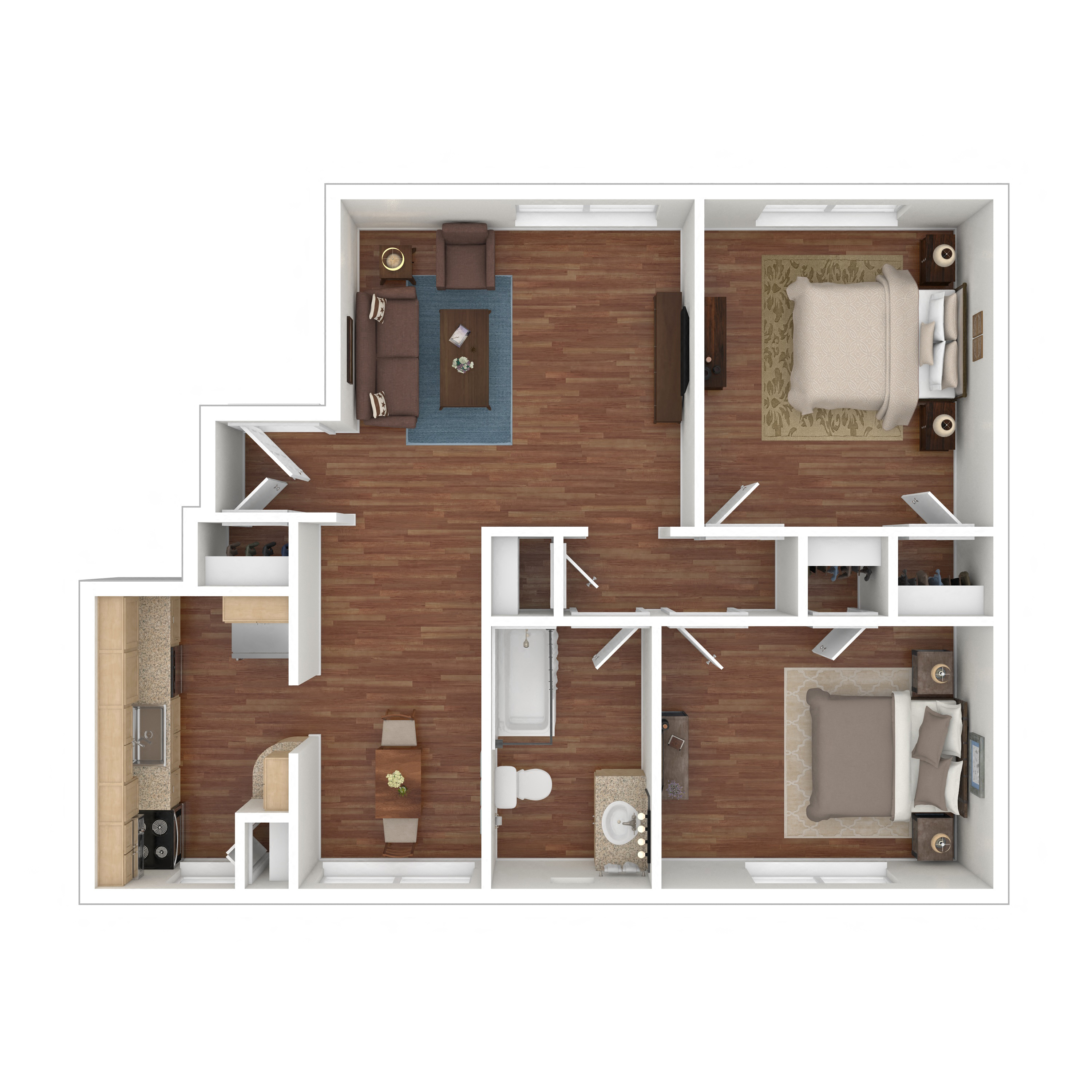 Floor plan for 2 beds, 1 bath, 636 sqft