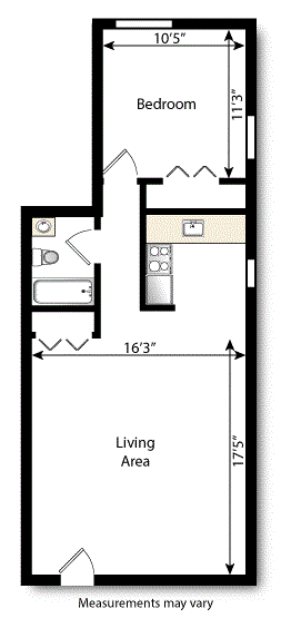 Floor plan for 1 bed, 1 bath, 600 sqft