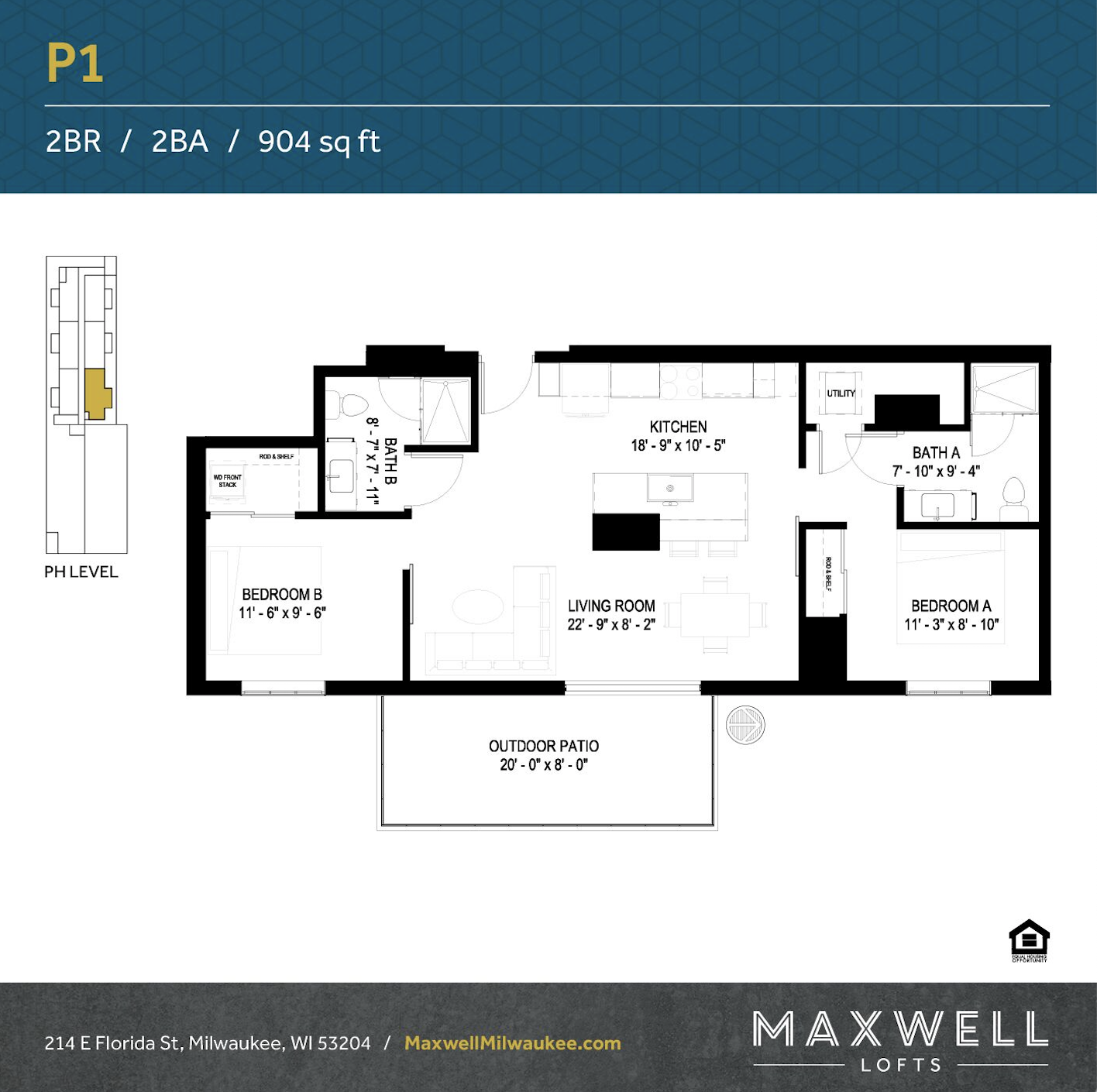 Floor plan for 2 beds, 2 baths, 1005 sqft