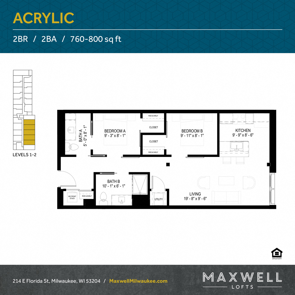 Floor plan for 2 beds, 2 baths, 788 sqft