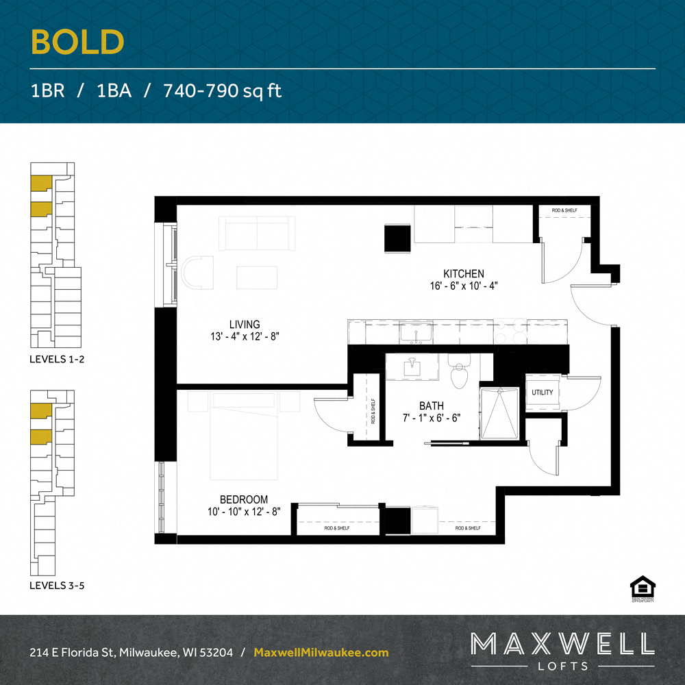 Floor plan for 1 bed, 1 bath, 784 sqft