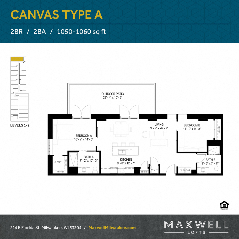 Floor plan for 2 beds, 2 baths, 1050 sqft