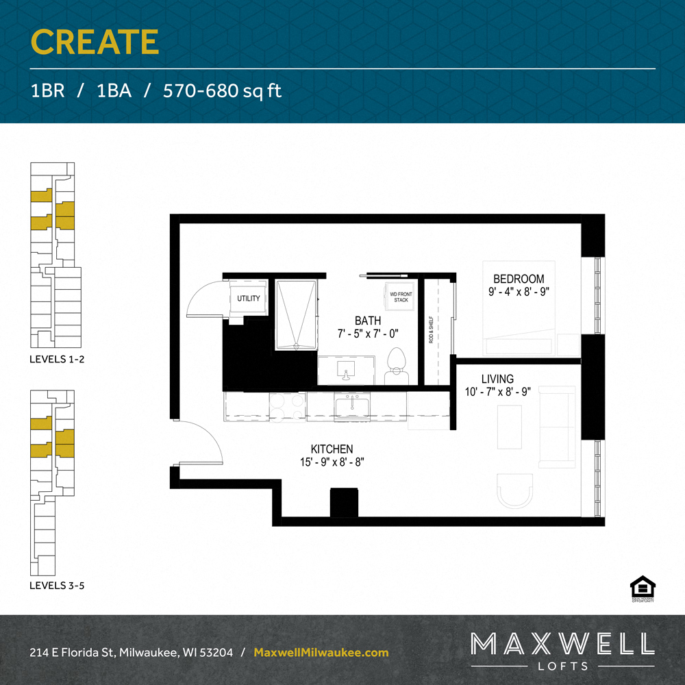 Floor plan for 1 bed, 1 bath, 573 sqft