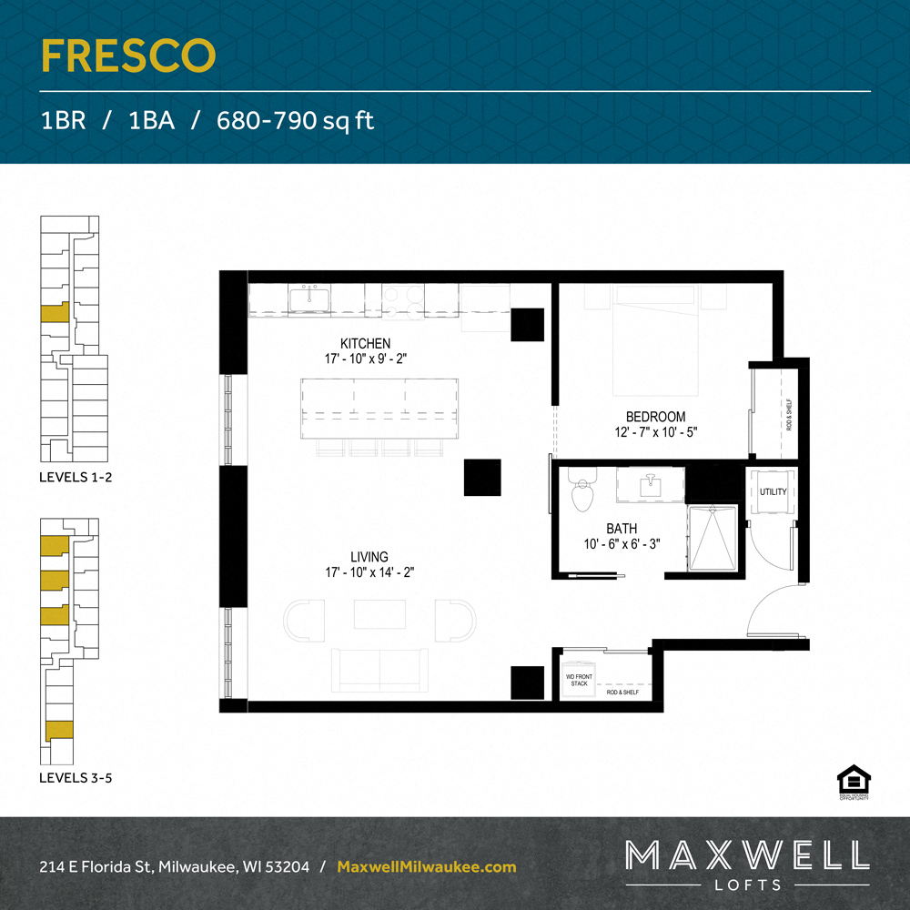 Floor plan for 1 bed, 1 bath, 692 sqft