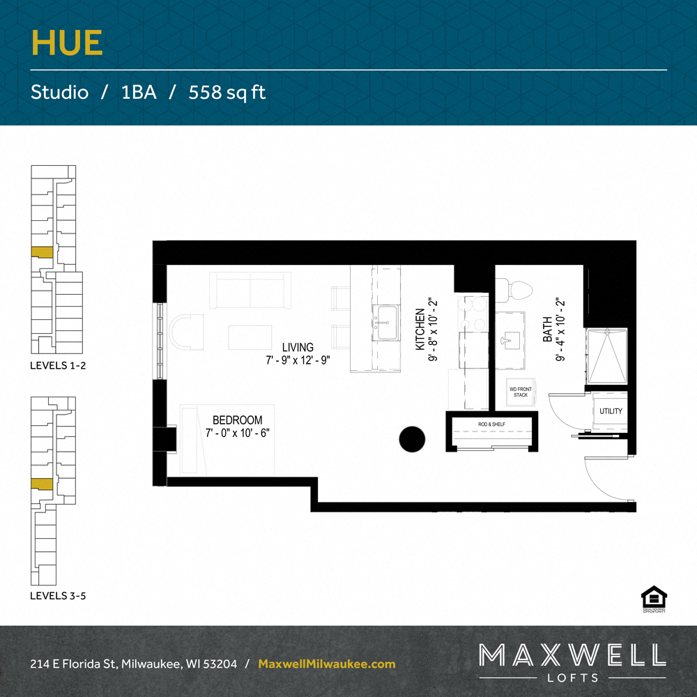 Floor plan for studio, 1 bath, 558 sqft