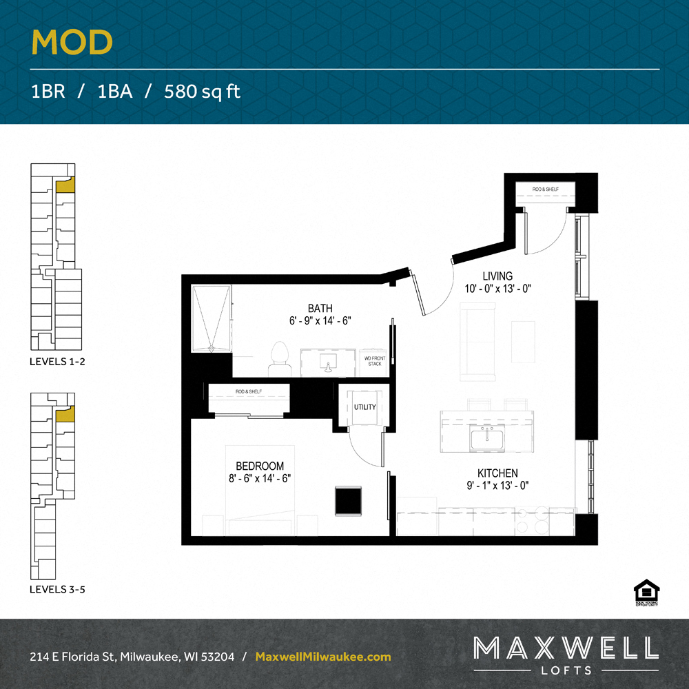 Floor plan for 1 bed, 1 bath, 580 sqft