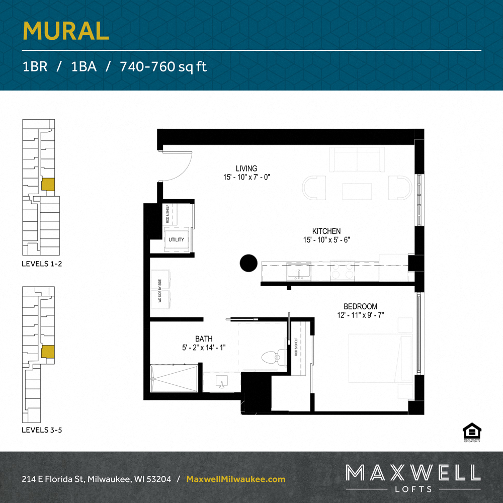 Floor plan for 1 bed, 1 bath, 756 sqft