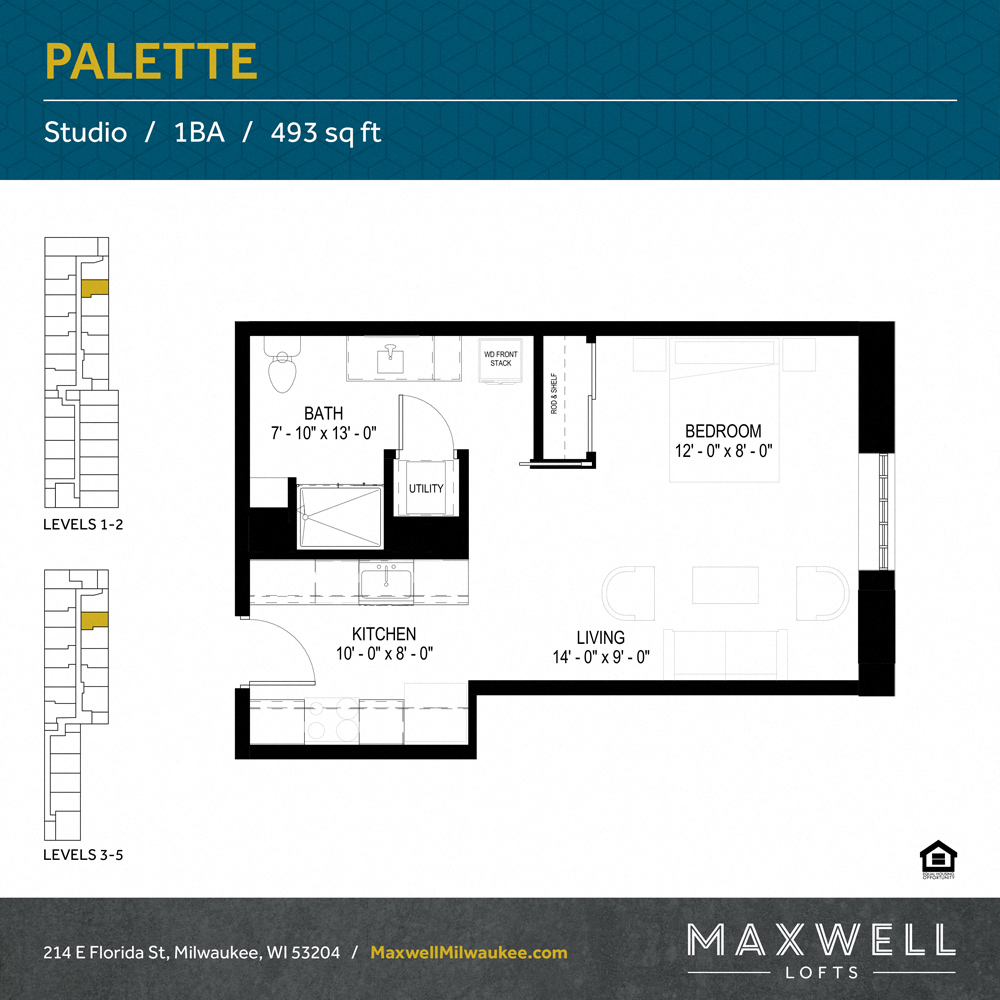 Floor plan for studio, 1 bath, 493 sqft