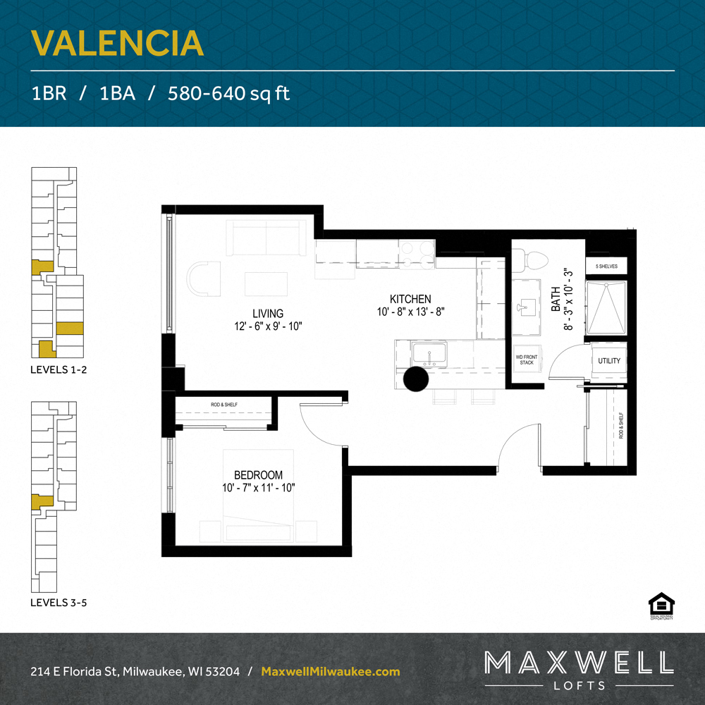 Floor plan for 1 bed, 1 bath, 736 sqft