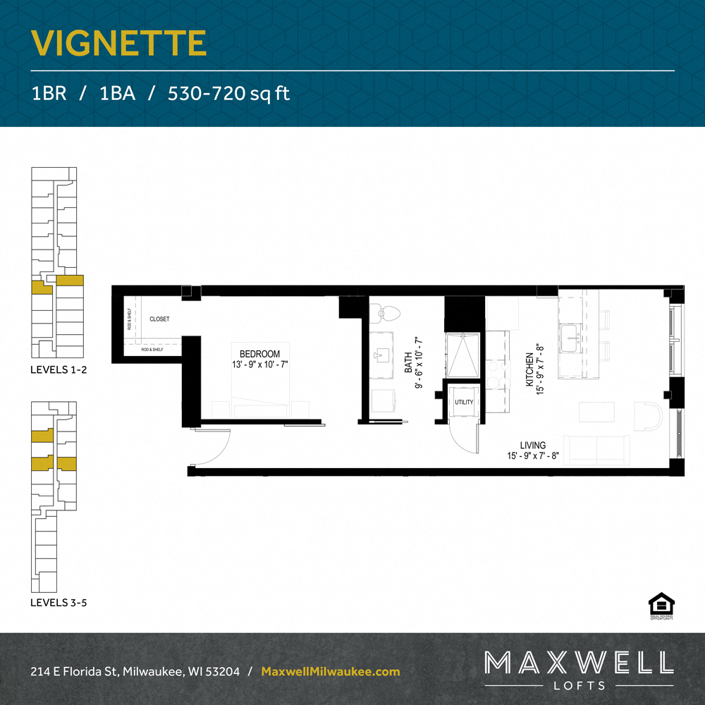 Floor plan for 1 bed, 1 bath, 623 sqft