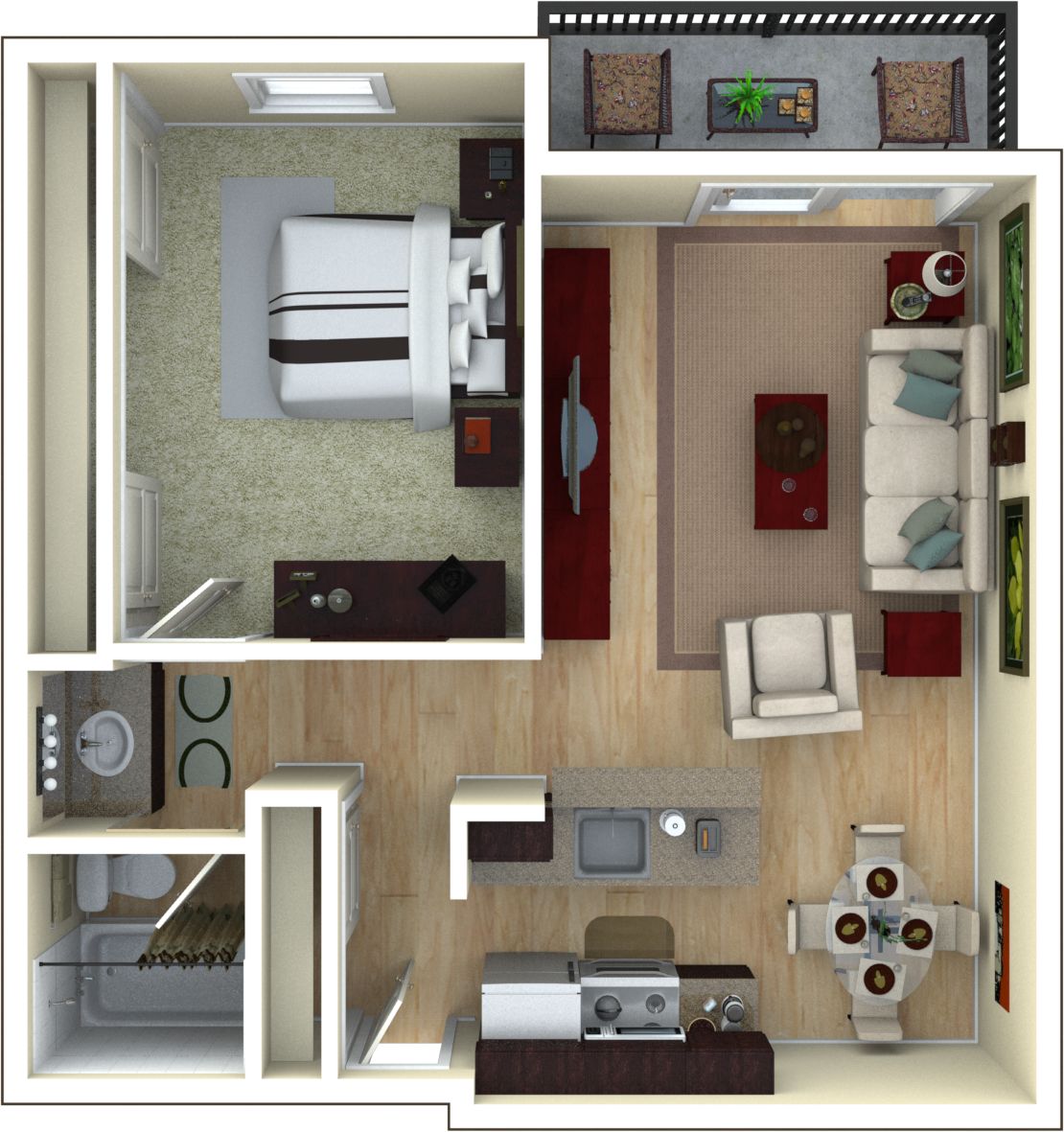 Floor plan for 1 bed, 1 bath, 732 sqft